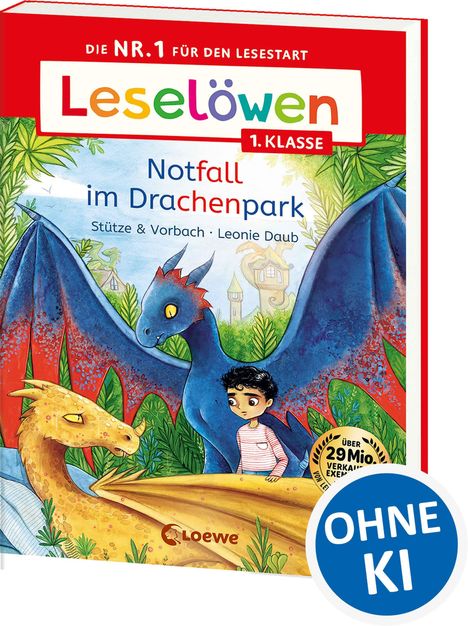 "Notfall im Drachenpark" von Stütze & Vorbach. Ein Kind mit zwei bunten Drachen in einer grünen Landschaft.