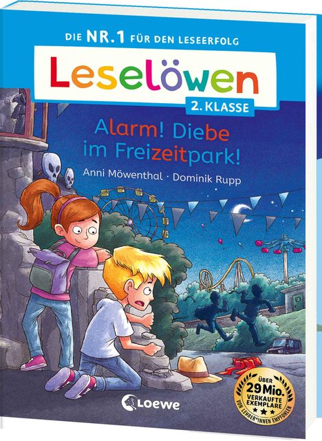 „Leselöwen 2. Klasse: Alarm! Diebe im Freizeitpark“; zwei Kinder schauen von Felsen auf Silhouetten; Riesenrad im Hintergrund.