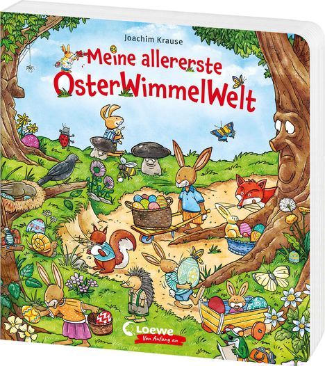 Titel: "Meine allererste OsterWimmelWelt". Illustration mit Tieren, die Ostereier in einem bunten Frühlingsgarten suchen.