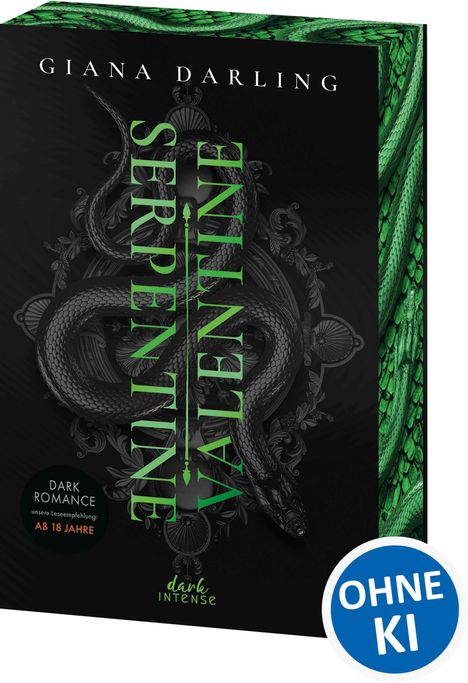 Text: „Valentine Serpentine“, „Dark Romance“, „Ab 18 Jahre“, „OHNE KI“. Illustration einer schwarzen Schlange mit grünen Akzenten.