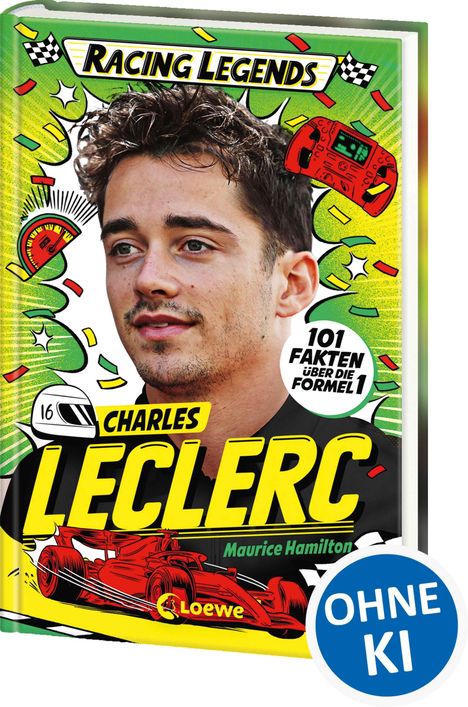 Cover mit "Racing Legends", "Charles Leclerc", "101 Fakten über die Formel 1". Porträt, Rennwagen, Helm, farbenfrohes Design.