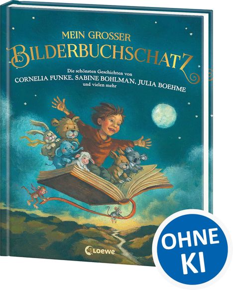 „MEIN GROSSER BILDERBUCHSCHATZ“, ein fliegendes Buch mit einem Kind und Tieren bei Nacht, Logo „Loewe“, Kreis „OHNE KI“.