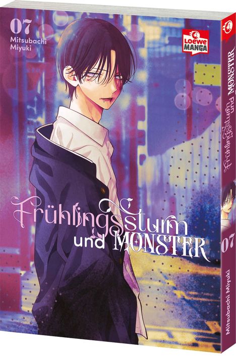 „Frühlingssturm und Monster“, 07, Mitsubachi Miyuki, Loewe Manga Logo. Illustration: Junge mit dunklem Haar vor Stadtlichtern.