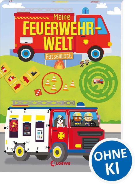 "Meine Feuerwehrwelt Rätselblock" Text auf rotem Feuerwehrauto. Buntes Design mit Spielfigur und Suchspiel. Runde "OHNE KI".