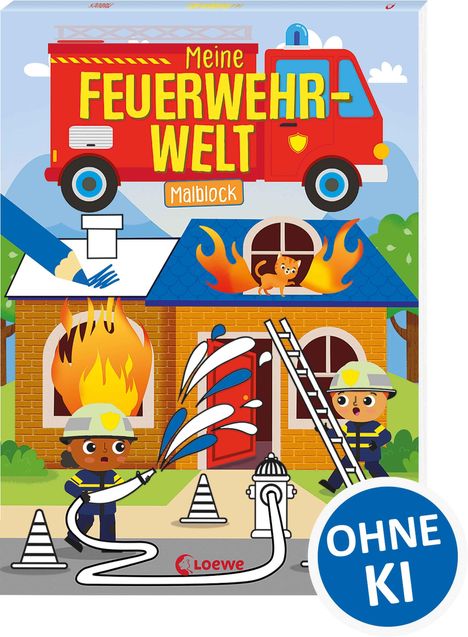 "Meine FEUERWEHR WELT Malblock", "OHNE KI" auf blauem Kreis. Illustration: Feuerwehrleute löschen brennendes Haus, Katze auf Dach.