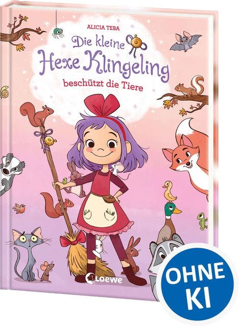 Titel: "Die kleine Hexe Klingeling schützt die Tiere". Illustration: Mädchen mit Besen, umgeben von Tieren.