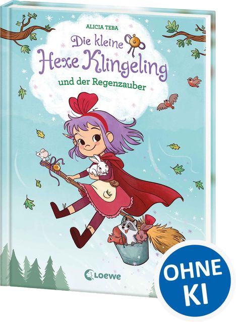 „OHNE KI“. Ein Mädchen mit einem Kaninchen fliegt auf einem Besen, umgeben von Tieren und Blättern.