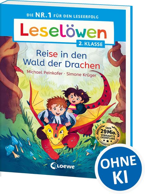 Text: "Leselöwen", "Reise in den Wald der Drachen". Illustration von zwei Kindern auf einem bunten Drachen in einem Wald.