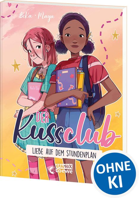 "Der Kussclub", "Liebe auf dem Stundenplan", "Béka", "Maya", "GRAPHIX Loewe", "OHNE KI". Zwei Mädchen, eins mit roten Haaren, das andere mit dunklen Haaren.