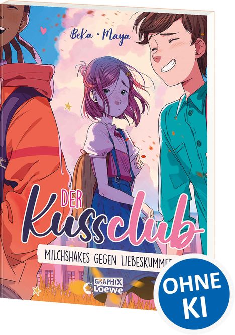 „Der Kussclub, Milchshakes gegen Liebeskummer“. Drei gezeichnete Jugendliche, ein Logo „Graphix Loewe“, „OHNE KI“.