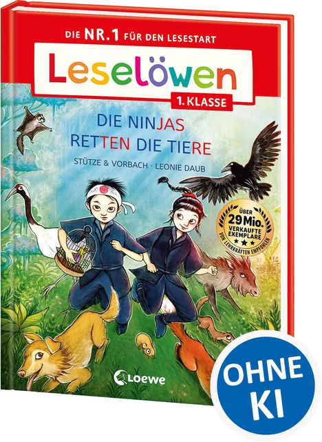 Text: "Leselöwen 1. Klasse", "Die Ninjas retten die Tiere", "OHNE KI". Illustration: Zwei Ninjas mit Tieren im Wald.