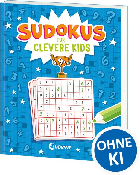 "SUDOKUS FÜR CLEVERE KIDS" mit bunter Grafik. Sudoku-Tabelle, Pokal mit "9+", grüner Stift, Hintergrund mit Zahlen und Sternen.