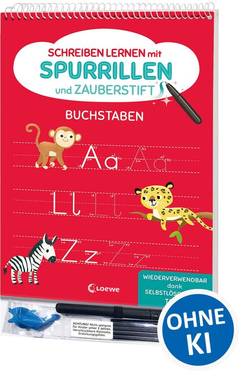 „SCHREIBEN LERNEN MIT SPURRILLEN und ZAUBERSTIFT. BUCHSTABEN.“ Illustration mit Affe, Leopard, Zebra. Marker enthalten.