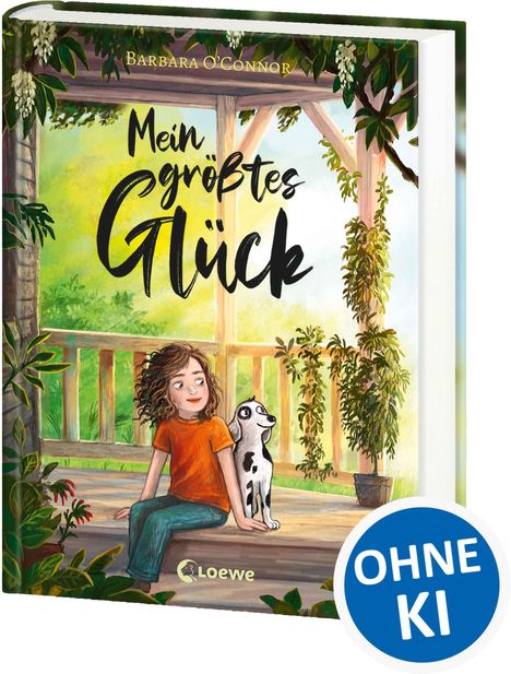 „Mein größtes Glück“, „OHNE KI“. Ein Mädchen mit einem Hund auf einer Veranda, umgeben von Pflanzen.