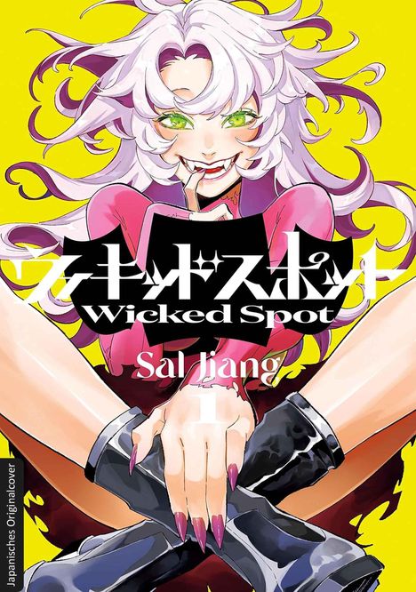 „Wicked Spot“. Darunter „Sal Jiang“. Illustration einer Person mit weißen Haaren, grüne Augen, pink-weißes Outfit, auf gelbem Hintergrund.