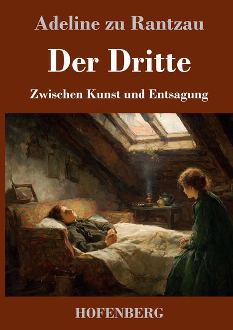 "Adeline zu Rantzau: Der Dritte: Zwischen Kunst und Entsagung" auf braunem Hintergrund. Illustration: Zwei Personen in Dachzimmer.