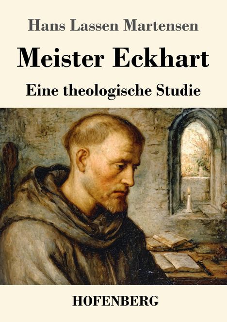 Text: "Hans Lassen Martensen, Meister Eckhart, Eine theologische Studie, HOFENBERG". 
Illustration: Ein Mönch in Zelle.