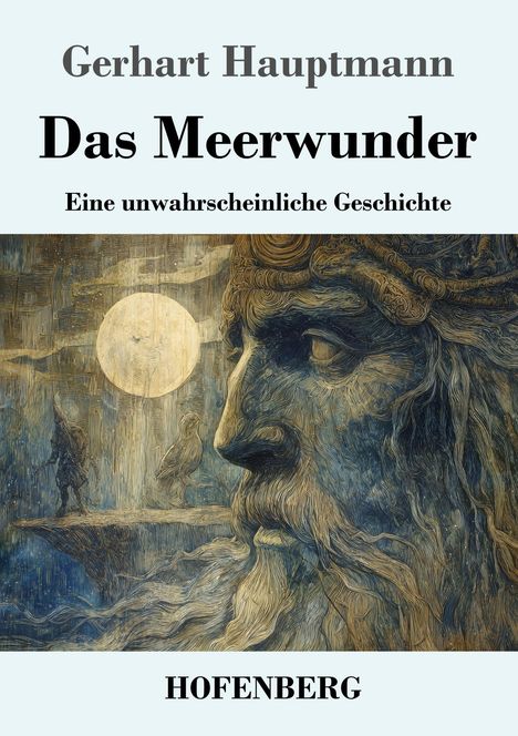 „Gerhart Hauptmann, Das Meerwunder, Eine unwahrscheinliche Geschichte, HOFENBERG“. Illustration eines bärtigen Gesichts.