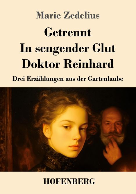 Text: „Marie Zedelius, Getrennt, In sengender Glut, Doktor Reinhard, Drei Erzählungen aus der Gartenlaube, HOFENBERG“. 
Porträt einer jungen Frau und eines älteren Mannes.