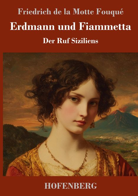 Text: "Friedrich de la Motte Fouqué, Erdmann und Fiammetta, Der Ruf Siziliens, HOFENBERG." Gemälde: Frau vor Vulkanlandschaft.