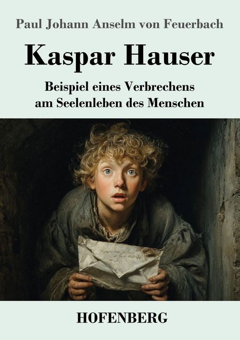 „Paul Johann Anselm von Feuerbach. Kaspar Hauser. Beispiel eines Verbrechens am Seelenleben des Menschen. HOFENBERG.“ Ein Junge mit blondem Lockenkopf hält einen Brief, sein Gesicht ist überrascht.
