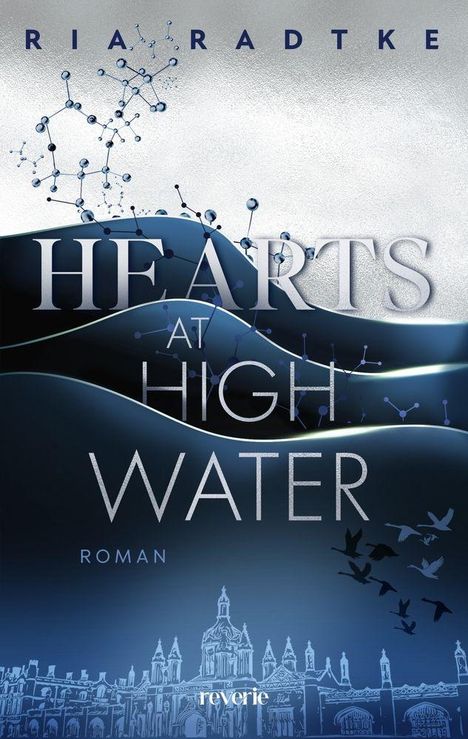 "Hearts at High Water", "Roman". Dunkelblaues Wellenmotiv, Vögel und eine Gebäude-Silhouette im Hintergrund.