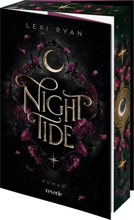 "Lexi Ryan, Night Tide, Roman, reverie." Dunkler Hintergrund, dekoriert mit violetten Blumen, einem goldenen Mond und Sternen.