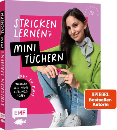 Buchcover mit der Aufschrift „Stricken lernen mit Mini Tüchern“. Frau strickt, grüne Kleidung, EMF Logo.