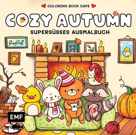 "COZY AUTUMN: SUPERSÜSSES AUSMALBUCH." Illustration: Tiere auf Sofa vor Kamin, umgeben von Herbstdeko.