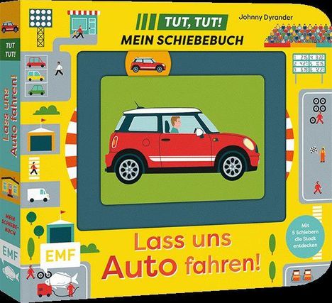 "Tut, Tut! Mein Schiebebuch. Lass uns Auto fahren! Illustration mit rotem Auto und bunten Motiven auf gelbem Hintergrund."