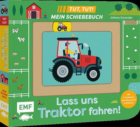 "Tut, tut! Mein Schiebebuch. Lass uns Traktor fahren!" Illustration mit rotem Traktor auf Bauernhof.