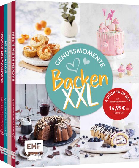 Buchtitel: "Genussmomente Backen XXL", 4 Bücher im Set, 14,99 €. Bilder von Kuchen und Muffins, EMF-Logo.