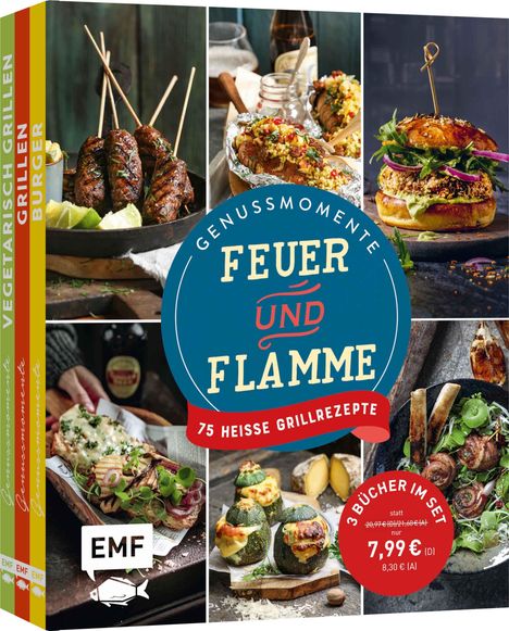 "GENUSSMOMENTE FEUER UND FLAMME", 75 Grillrezepte, 3 Bücher im Set. Fotos von Grillgerichten, EMF-Logo unten links.