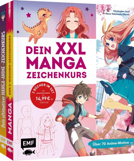 "DEIN XXL MANGA ZEICHENKURS", Manga-Charaktere in lebendigen Farben, stilisierte Figuren und dynamische Posen.