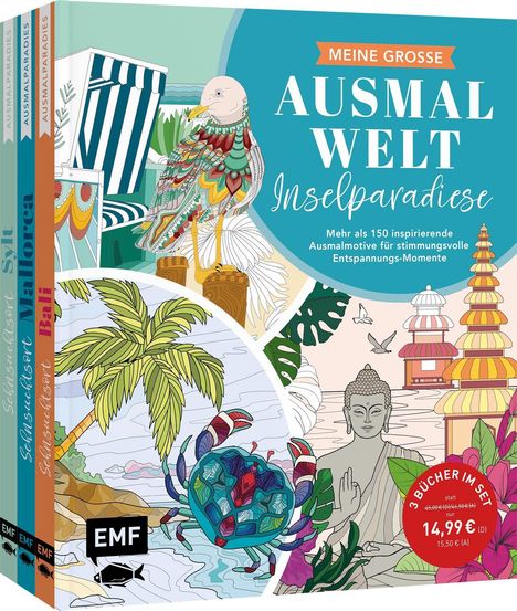 "Meine große Ausmalwelt, Inselparadiese" zeigt bunte Illustrationen von tropischen Inseln mit Buddha, Papageien und Palmen.