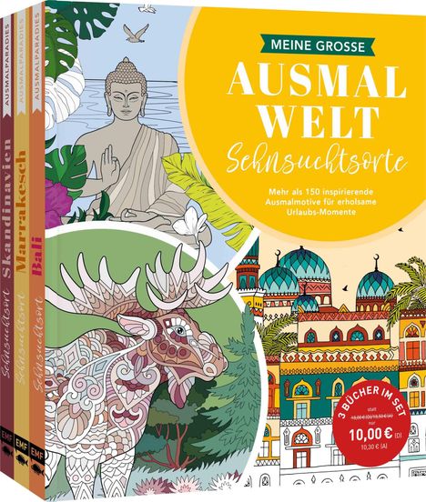 "MEINE GROSSE AUSMALWELT Sehnsuchtsorte" ist prominent. Dreiteiliges Buchset, farbenfrohe Illustrationen von Buddha, Elch, Gebäude.