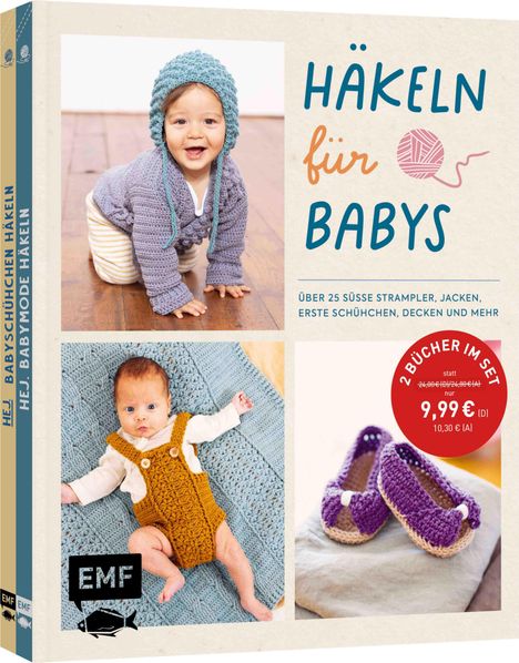 "Häkeln für Babys" zeigt lächelndes Baby in gehäkeltem Outfit, lila Schuhe, Baby auf blauem Hintergrund. 2 Bücher im Set.