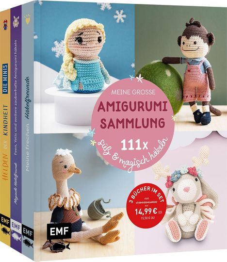 "Meine große Amigurumi Sammlung: 111x süß & magisch häkeln. 3 Bücher im Set für 14,99 €."  
Gehäkelte Figuren: Mensch, Affe, Vogel, Hirsch.