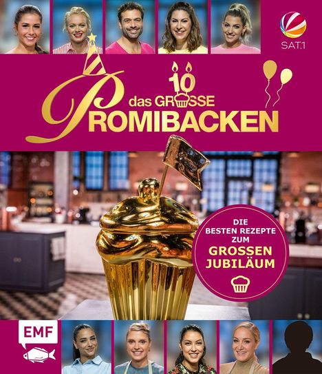 „Das große Promibacken“ in goldener Schrift mit Torte. Goldener Cupcake im Vordergrund. Gesichter von Teilnehmern oben und unten.