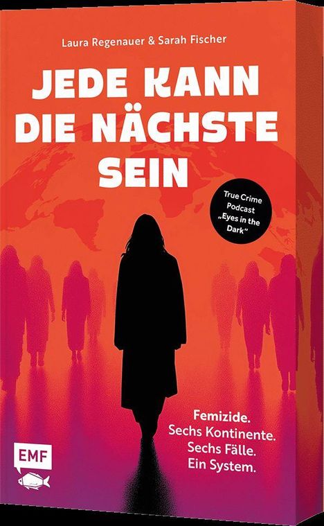 "JEDE KANN DIE NÄCHSTE SEIN. Femizide. Sechs Kontinente. Sechs Fälle. Ein System." Silhouette einer Frau vor rotem Hintergrund.