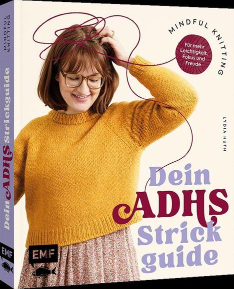 „Dein ADHS-Strickguide“. Eine lächelnde Person in einem gelben Pullover hält rosafarbenes Garn.