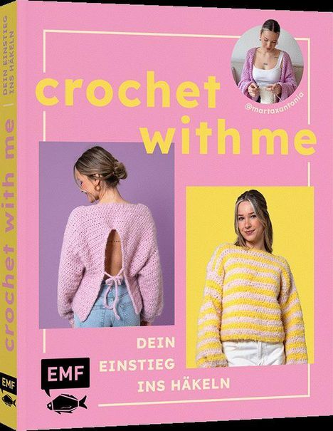 Buchtitel: "crochet with me" in gelb auf rosa Hintergrund. Bilder von Frauen in gehäkelten Pullovern.
