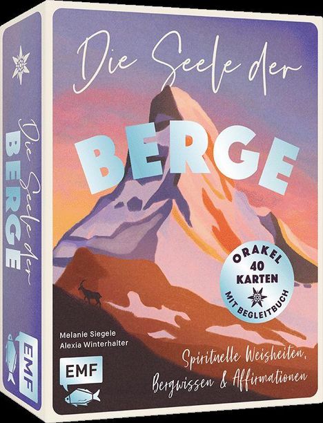 „Die Seele der BERGE“, „Orakel 40 Karten mit Begleitbuch“. Illustration eines Berges bei Sonnenuntergang.