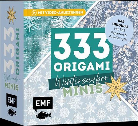 "333 Origami Winterzauber MINIS" steht groß auf der Verpackung mit winterlichen Mustern und den Hinweis "Mit Video-Anleitungen".