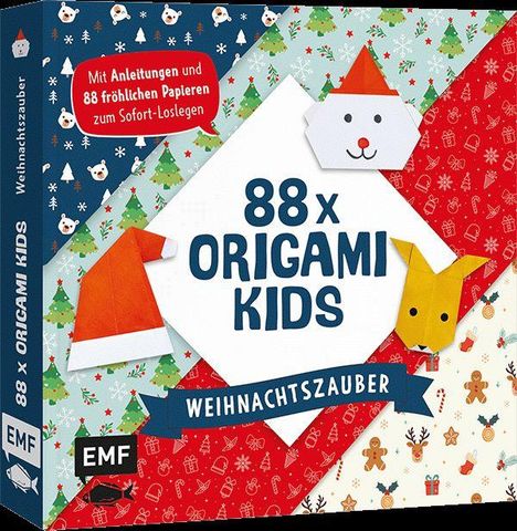 „88 x Origami Kids. Weihnachtszauber.“ Origami-Tiere mit Weihnachtsmotiven auf buntem Hintergrund.