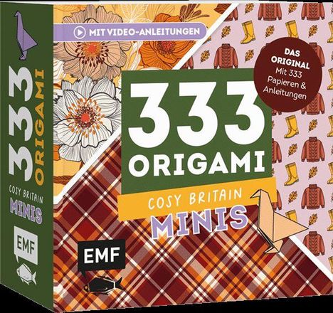 "333 Origami Cosy Britain Minis", "Mit Video-Anleitungen", "EMF". Ein buntes Cover mit Blumen- und Kleidungsdesigns.
