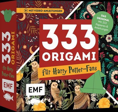 „333 Origami für Harry Potter-Fans“, „Mit Video-Anleitungen“. Illustration mit Eulen, Blumen, und faltbarer Krone.