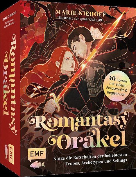 "Romantasy Orakel" von Marie Niehoff, mit Illustrationen von @meridyan_art. Frau und Mann mit leuchtenden Schwertern.