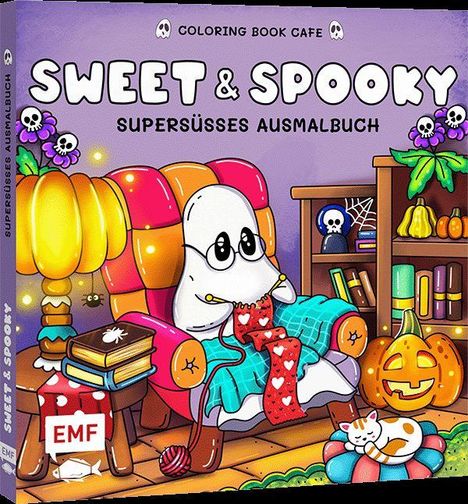 "SWEET & SPOOKY, Supersüßes Ausmalbuch". Ein niedliches Gespenst strickt in einem gemütlichen Raum mit Kürbissen.