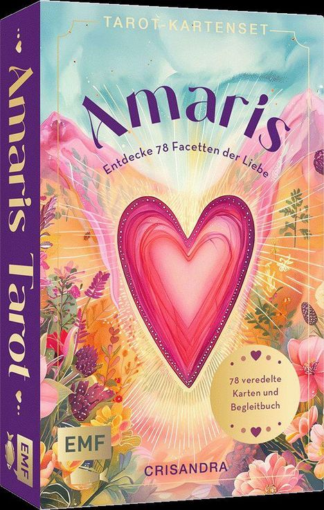 "Amaris - Entdecke 78 Facetten der Liebe." Ein leuchtendes rosa Herz umgeben von floralen Mustern.